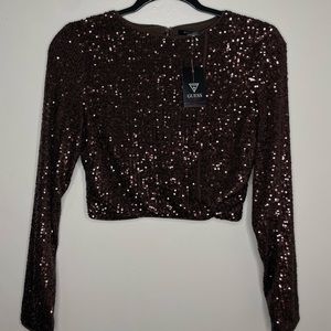 BRAND NEW GUESS BROWN SEQUINED CROPPED TOP